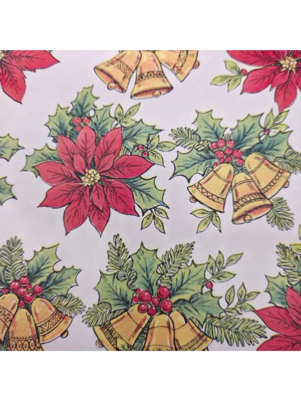 Vintage Christmas Wrapping Paper Poinsettias Gold Bells Holiday Gift Wrap 10 ft